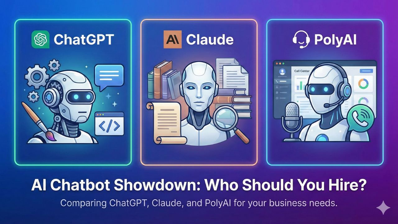 Comparison of ChatGPT, Claude AI, and Poly AI robots at a job interview table