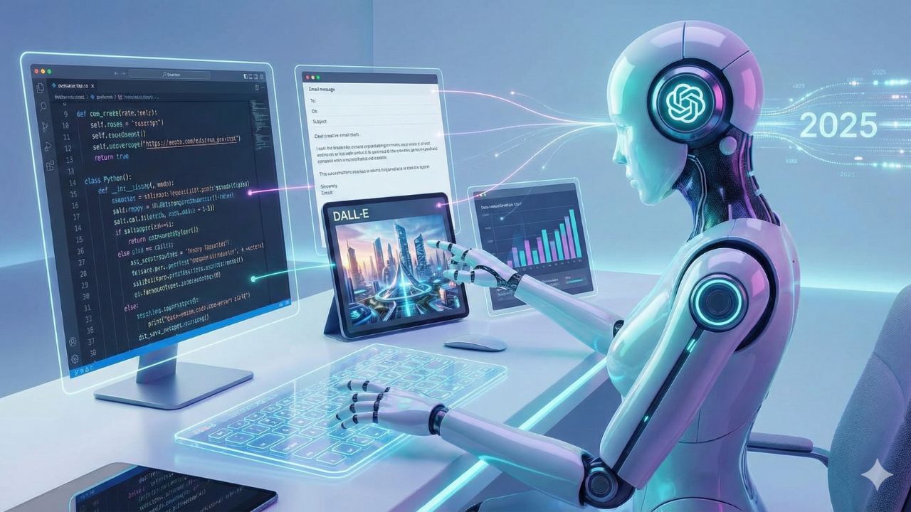 Futuristic illustration of ChatGPT as a brilliant intern handling multiple tasks like coding and painting