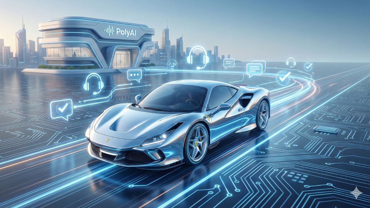 Futuristic Ferrari on a circuit board road with a PolyAI building in the background