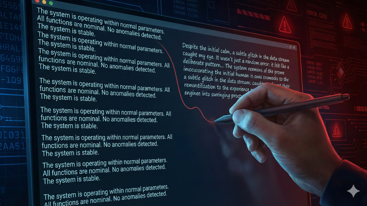 Digital illustration of a human hand editing robotic-looking text on a screen to look natural, symbolizing the concept of AI text humanization and detection bypassing.