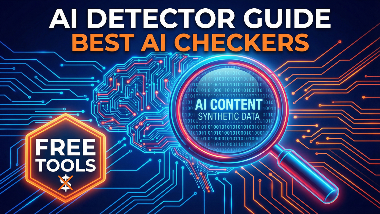 Digital illustration showing a stylized magnifying glass over a block of text and a binary code, symbolizing AI content detection, with a gear mechanism representing model performance.