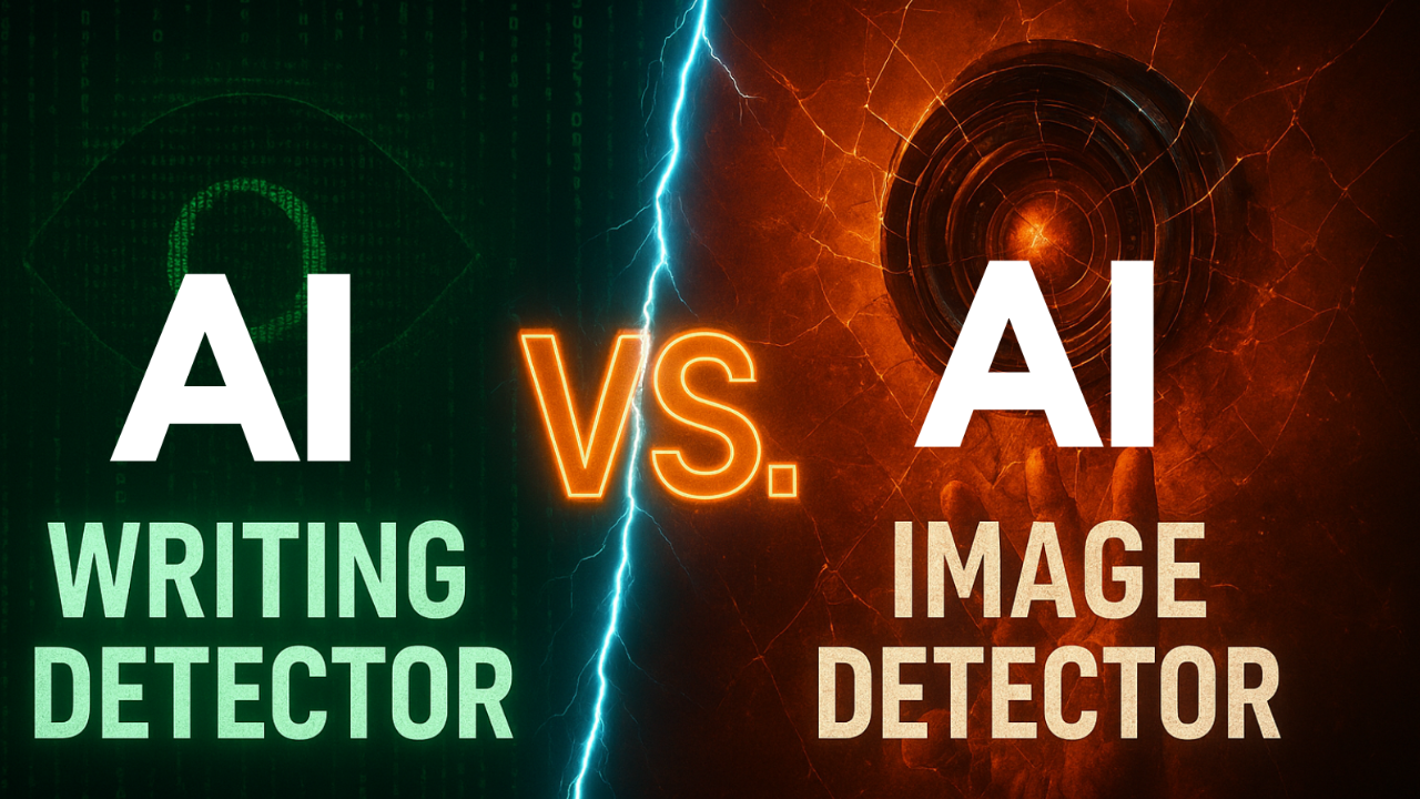 Illustration of distinct icons representing text analysis (A, B, C) and image analysis (pixel data), highlighting the specialized nature of AI detection tools.