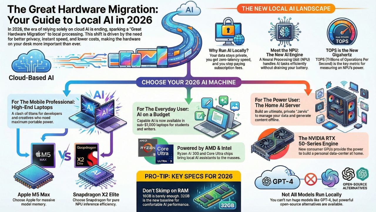 Infographic: The Great Hardware Migration 2026 - Guide to Local AI, comparing Apple M5, Snapdragon X2, and RTX 50-series
