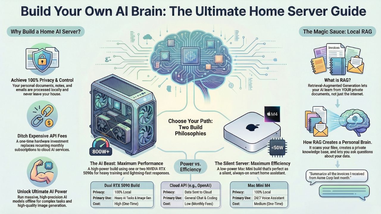 Build Your Own AI Brain: The Ultimate Home Server Guide Infographic showing RTX 5090 vs Mac Mini builds and RAG workflow