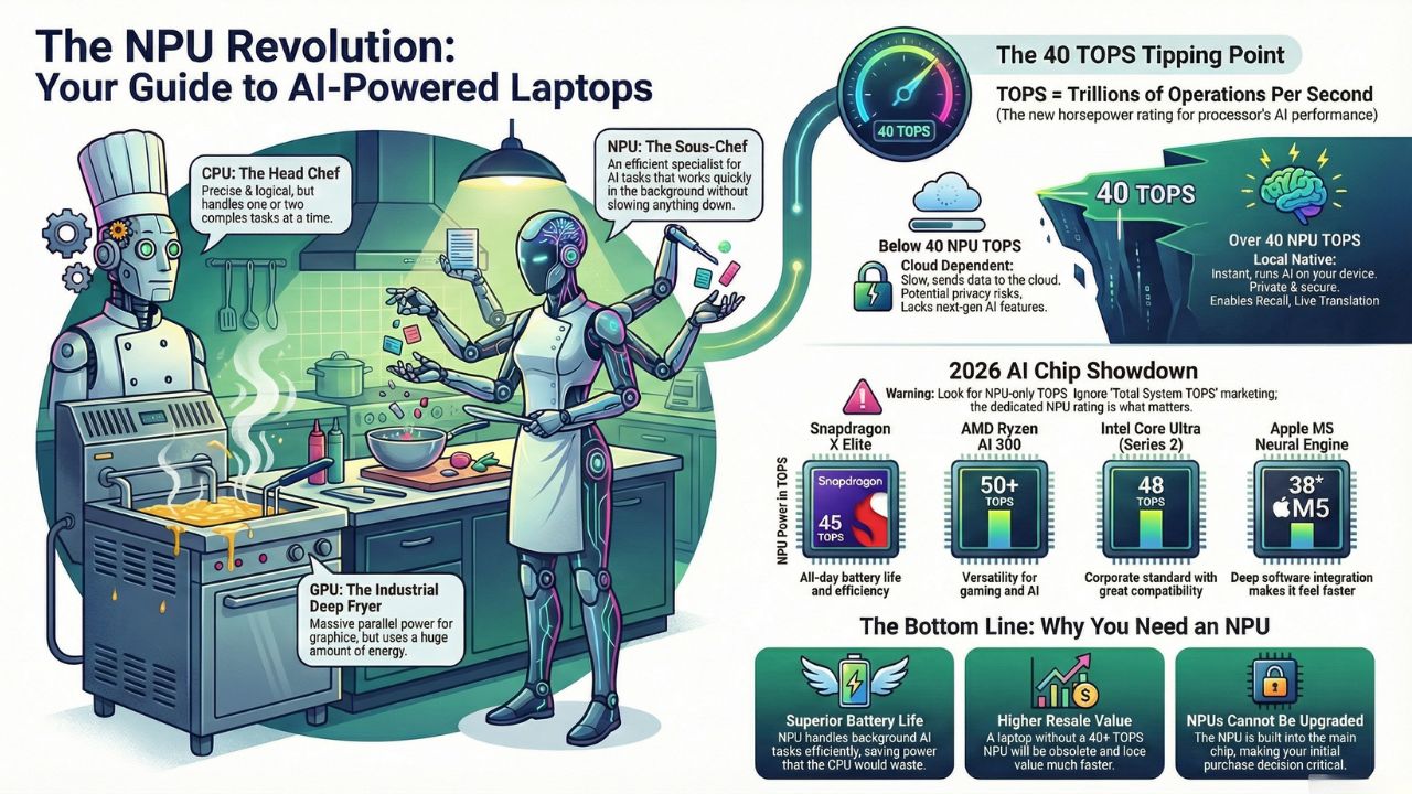Infographic: The NPU Revolution - CPU as Chef, GPU as Deep Fryer, NPU as Sous-Chef