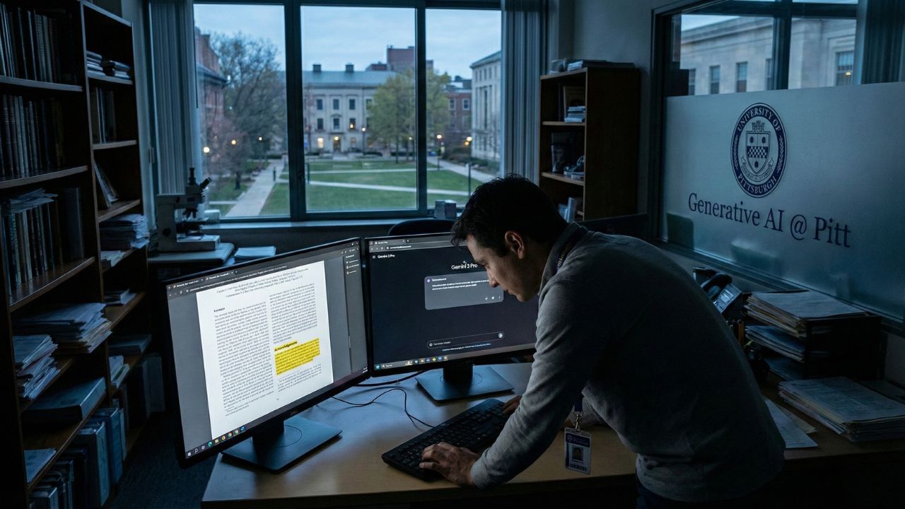 A researcher reviewing academic papers alongside an AI interface, highlighting ethical guidelines