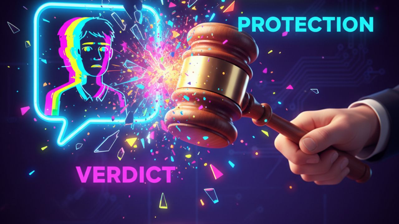 Digital illustration showing a judge's gavel shattering a chat bubble with a young person's profile, symbolizing the lawsuits and legal liability forcing the Character AI ban.