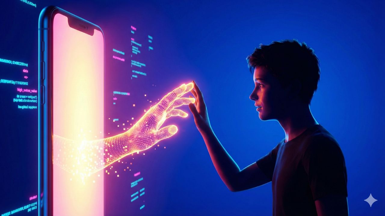 Digital illustration of a young person's hand touching a phone screen, from which a glowing, digital hand emerges, symbolizing the psychological and parasocial bond with an AI chatbot.