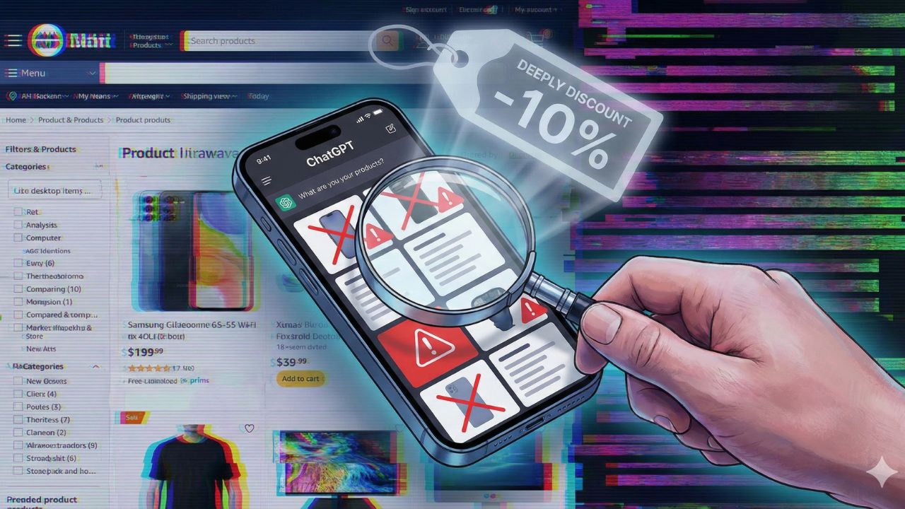 A split screen showing a ChatGPT interface with a tempting deal and a retailer's website showing the item as out of stock or full price