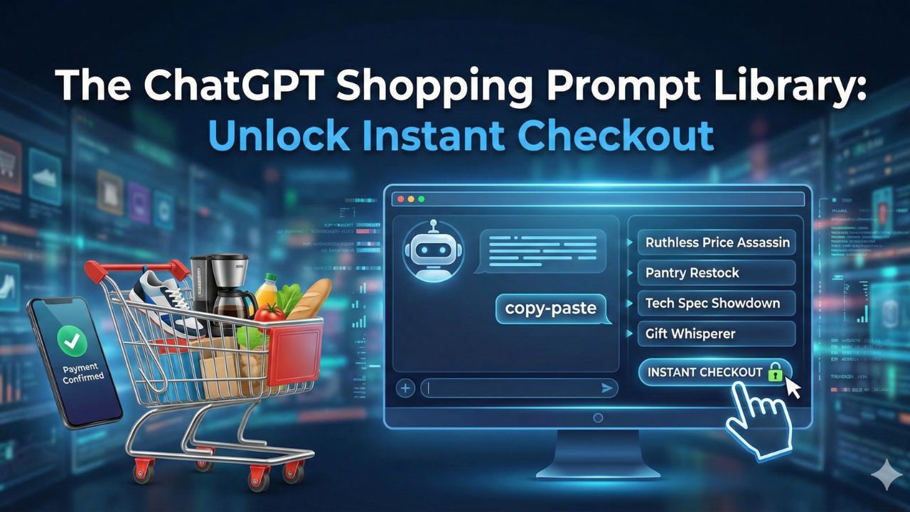 A futuristic shopping cart interface with a smartphone, representing ChatGPT's instant checkout feature.