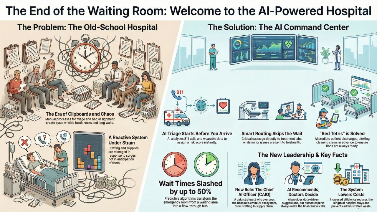 Infographic: Old-School Hospital Chaos vs. AI Command Center Efficiency