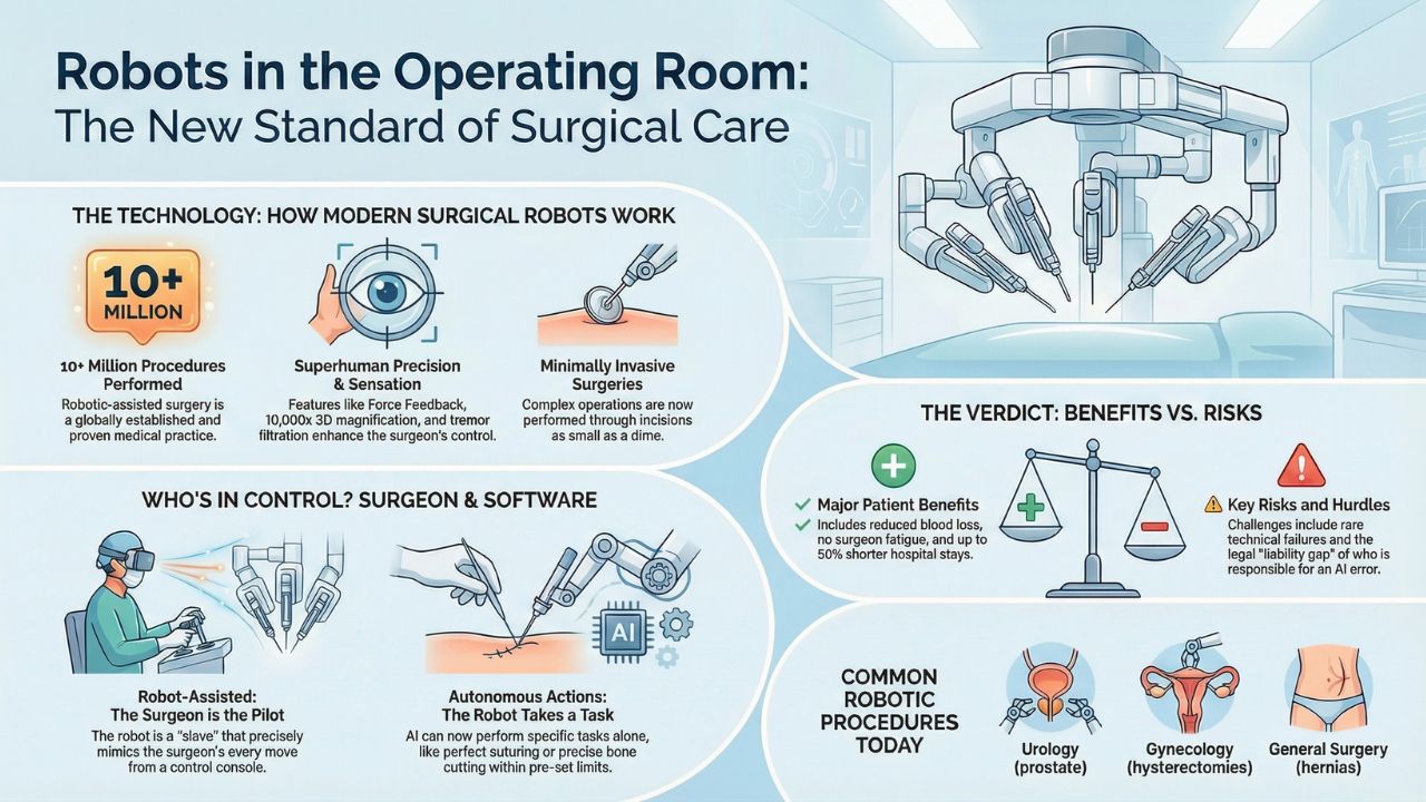 Infographic: Robots in the Operating Room - Benefits vs Risks. Visualizes Da Vinci 5 precision features, surgeon control vs autonomy, and safety statistics comparing reduced blood loss against liability risks.