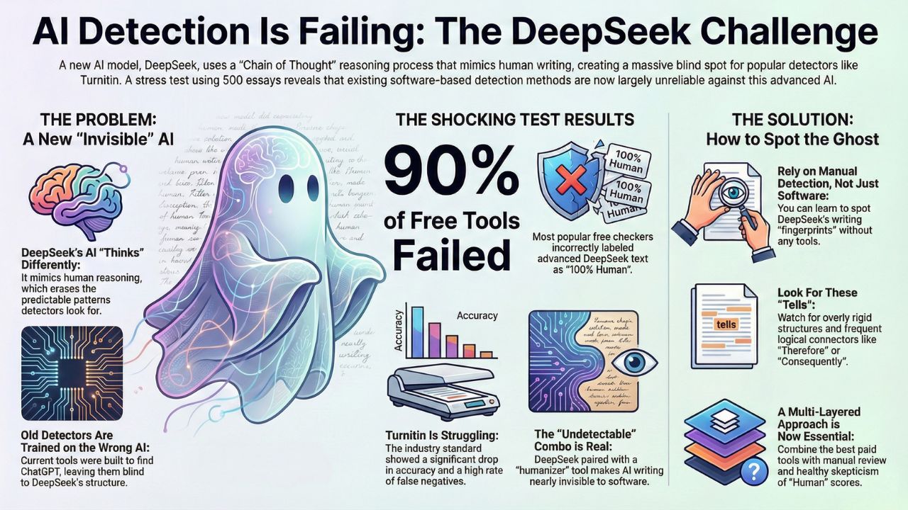 Infographic: AI Detection Is Failing - The DeepSeek Challenge, showing 90% failure rate of free tools and manual detection tips