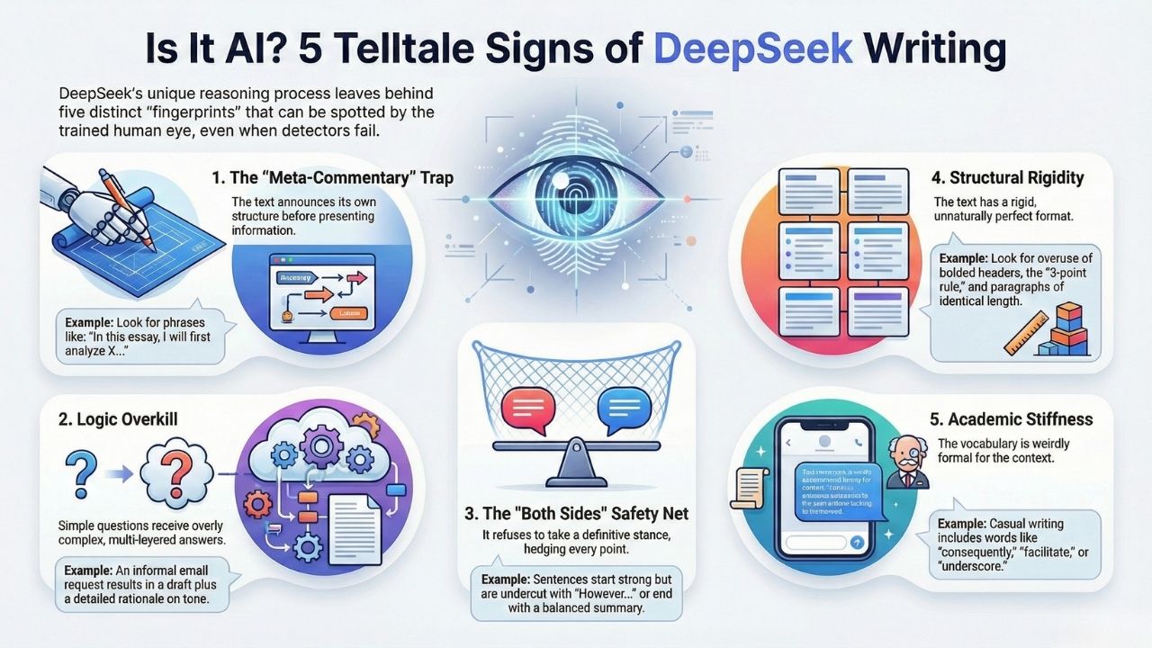 Infographic: 5 Telltale Signs of DeepSeek Writing - Meta-Commentary, Logic Overkill, Both Sides Safety Net, Structural Rigidity, Academic Stiffness