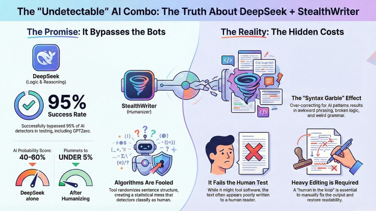 DeepSeek R1 and StealthWriter detection test results infographic