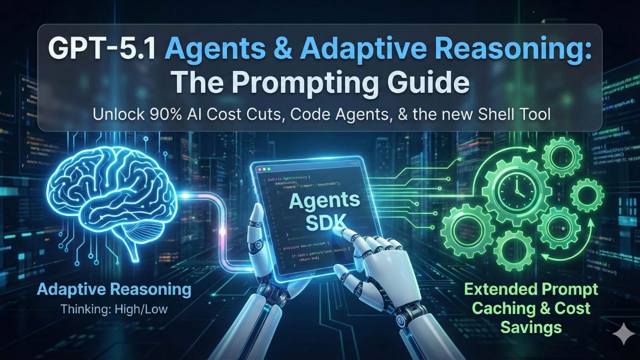 A digital illustration showing the GPT-5.1 model structure with Adaptive Reasoning and new agentic tools like apply_patch, ready for software engineering tasks.