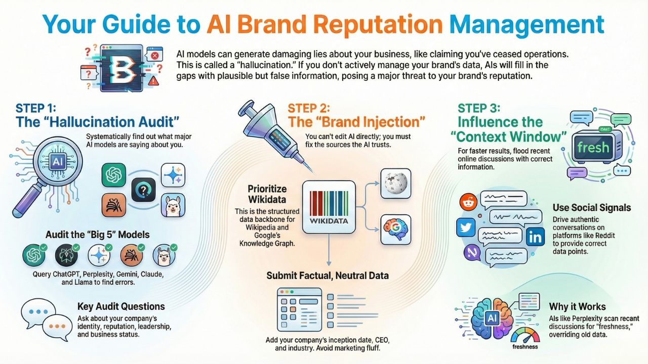 Infographic: Your Guide to AI Brand Reputation Management - Hallucination Audit, Brand Injection, and Context Window Influence