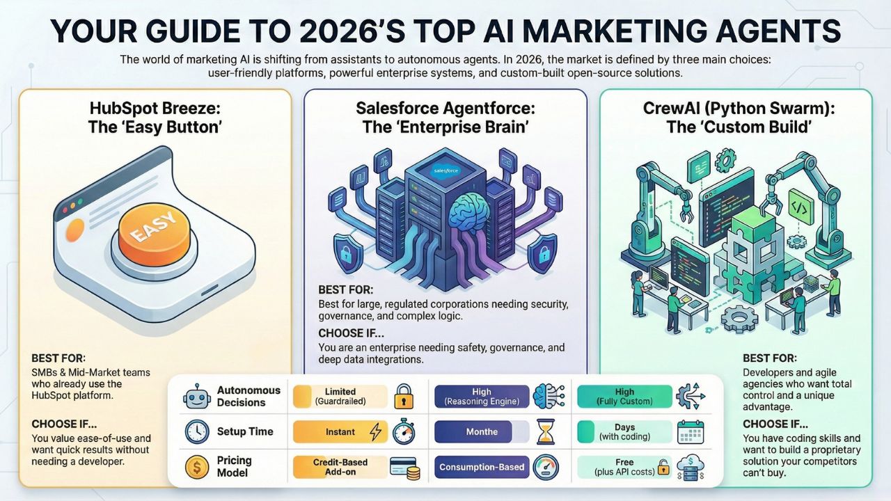 Infographic Guide to 2026 Top AI Marketing Agents: HubSpot Breeze vs Salesforce Agentforce vs CrewAI