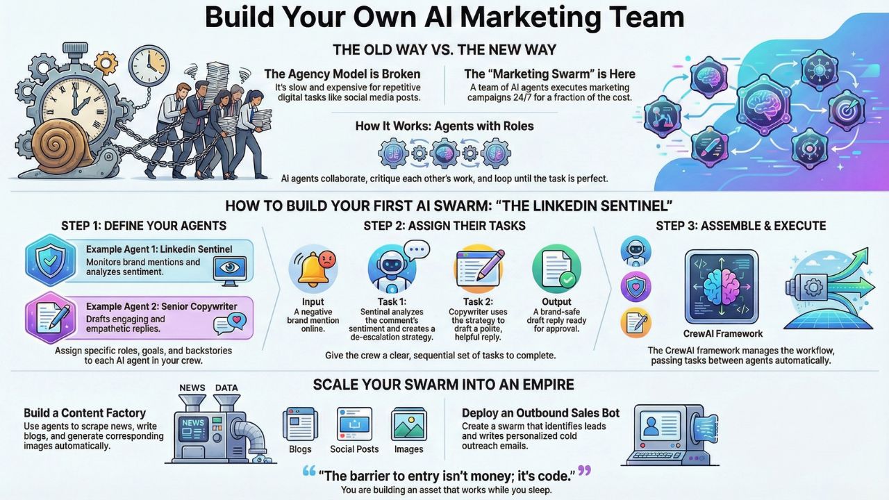 Infographic: Build Your Own AI Marketing Team - The Old Way vs. The New Way using CrewAI Agent Swarms