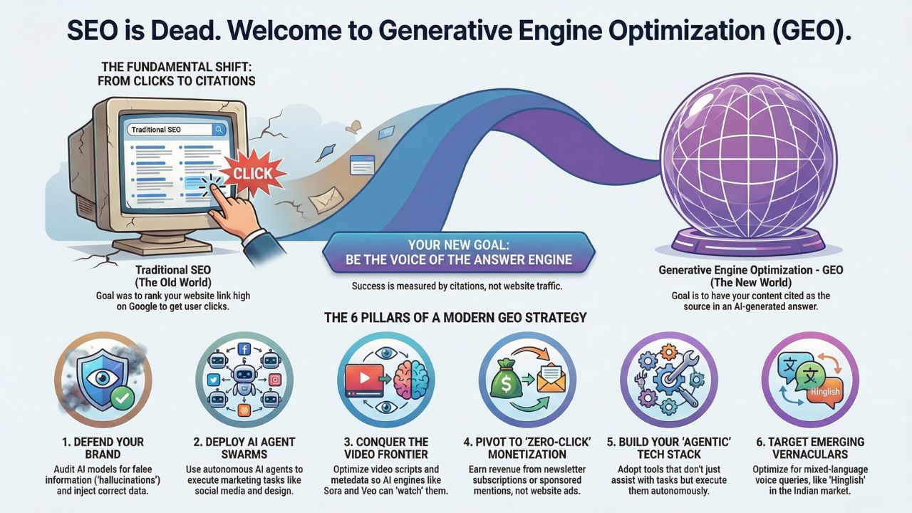 Infographic: SEO is Dead. Welcome to Generative Engine Optimization (GEO). The 6 Pillars of Modern Strategy.