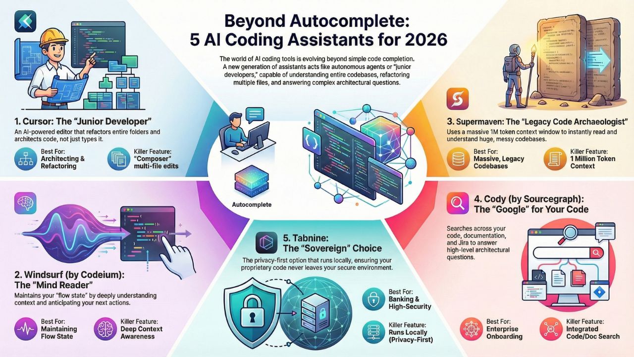 Infographic comparing 5 AI coding assistants including Cursor, Windsurf and Copilot