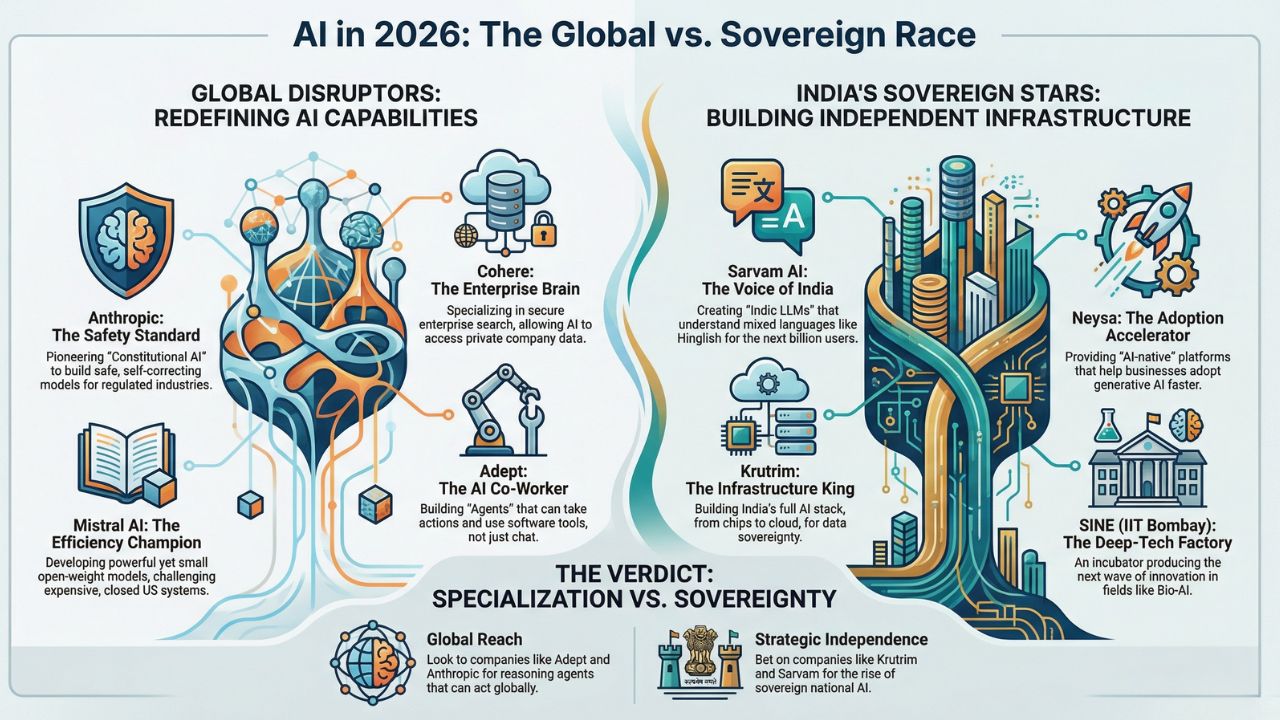 Infographic: AI in 2026 Global Disruptors vs Sovereign Stars featuring Anthropic, Cohere, Sarvam AI and Krutrim