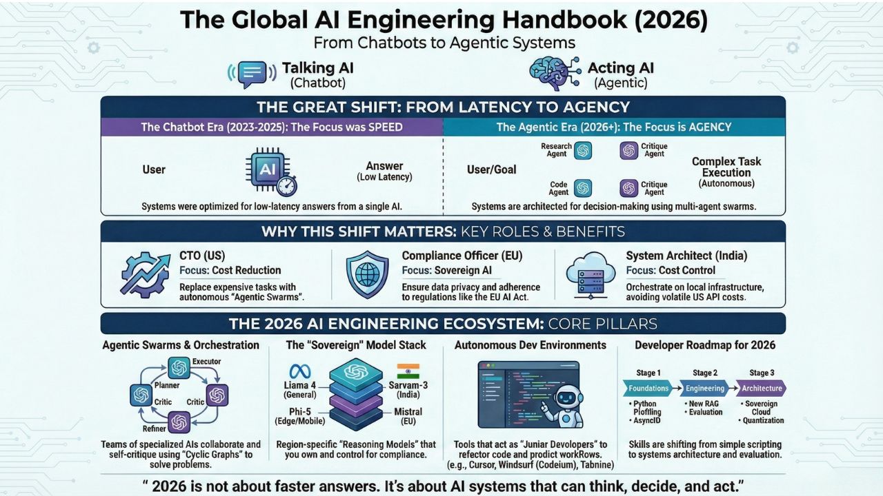 Global AI Engineering Handbook 2026 Infographic showing Agentic Swarms, Sovereign Model Stack, and Autonomous Dev Environments