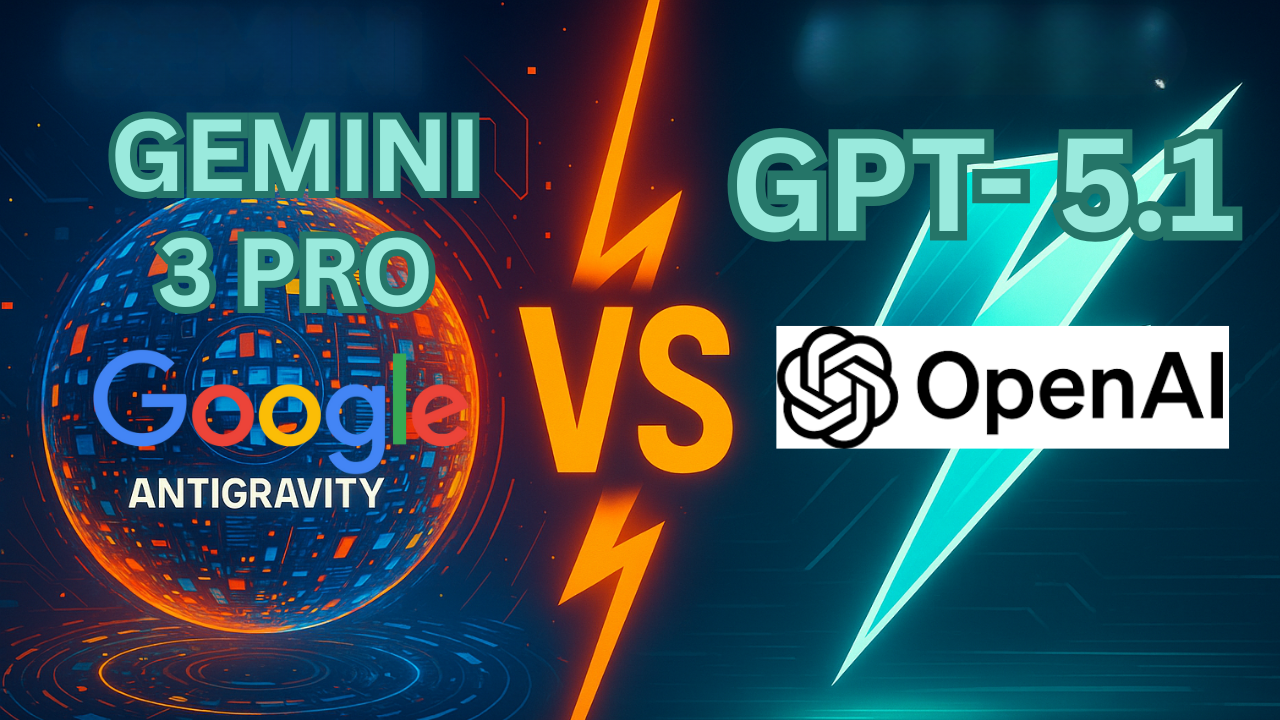 Digital illustration of a head-to-head comparison between two AI models: one representing Google Gemini 3 Pro (in blue/yellow) and the other GPT-5.1 (in green/white), battling on a futuristic digital chessboard with glowing data streams.