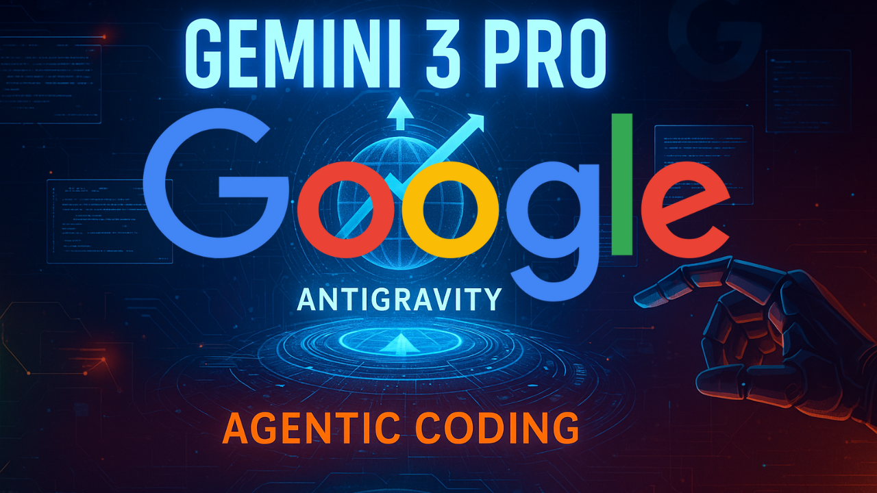 Digital illustration representing Gemini 3 Pro and Google Antigravity Agentic Coding Diagram: Futuristic illustration of an AI agent controlling a complex code network.