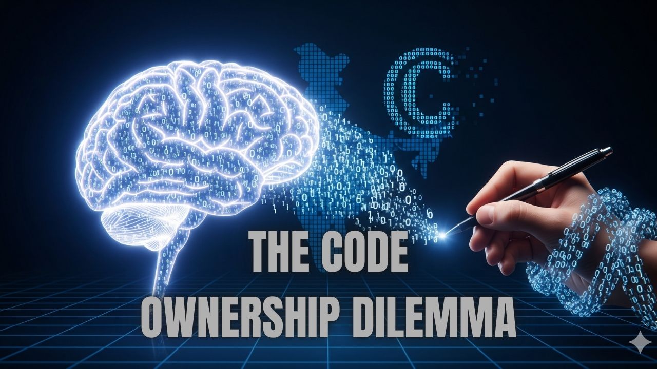 A digital illustration symbolizing the conflict between AI generation and human authorship in legal code.