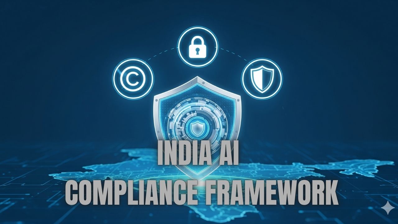 Strategic overview of AI compliance in India showing Copyright, Privacy, and Security pillars.