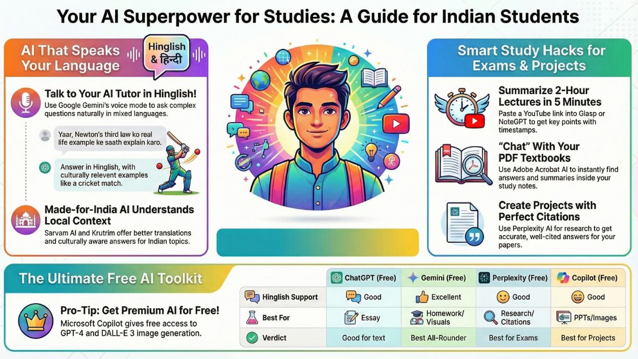 Infographic: Best AI Tools for Indian Students 2026 - Voice, Vernacular, and Video