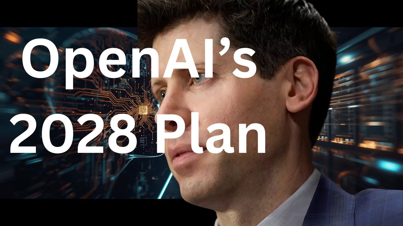 Visualization of OpenAI's exponential roadmap to an AI researcher by 2028, with a cautionary symbol for Superintelligence risks.