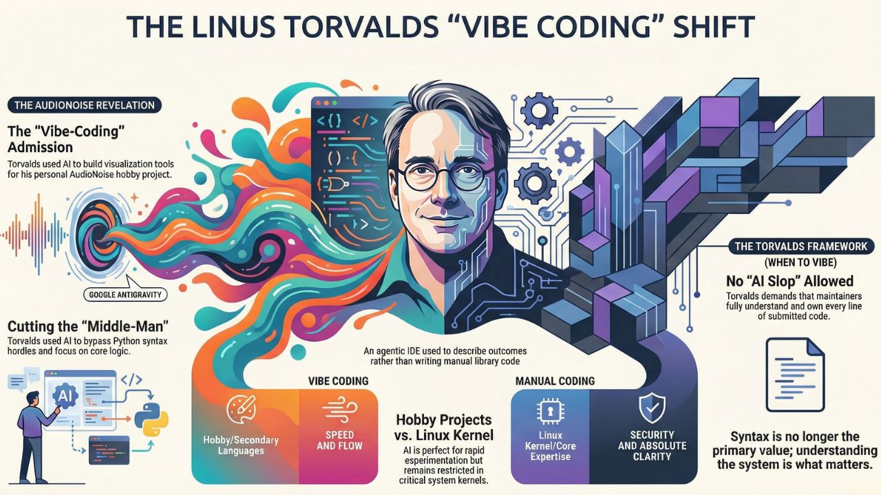 Infographic: The Linus Torvalds Vibe Coding Shift - Comparing Manual Coding vs AI Agentic IDEs