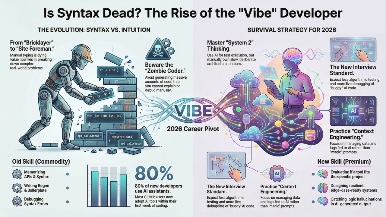 Infographic: Is Syntax Dead? The Rise of the Vibe Developer and 2026 Survival Strategy including system 2 thinking and context engineering
