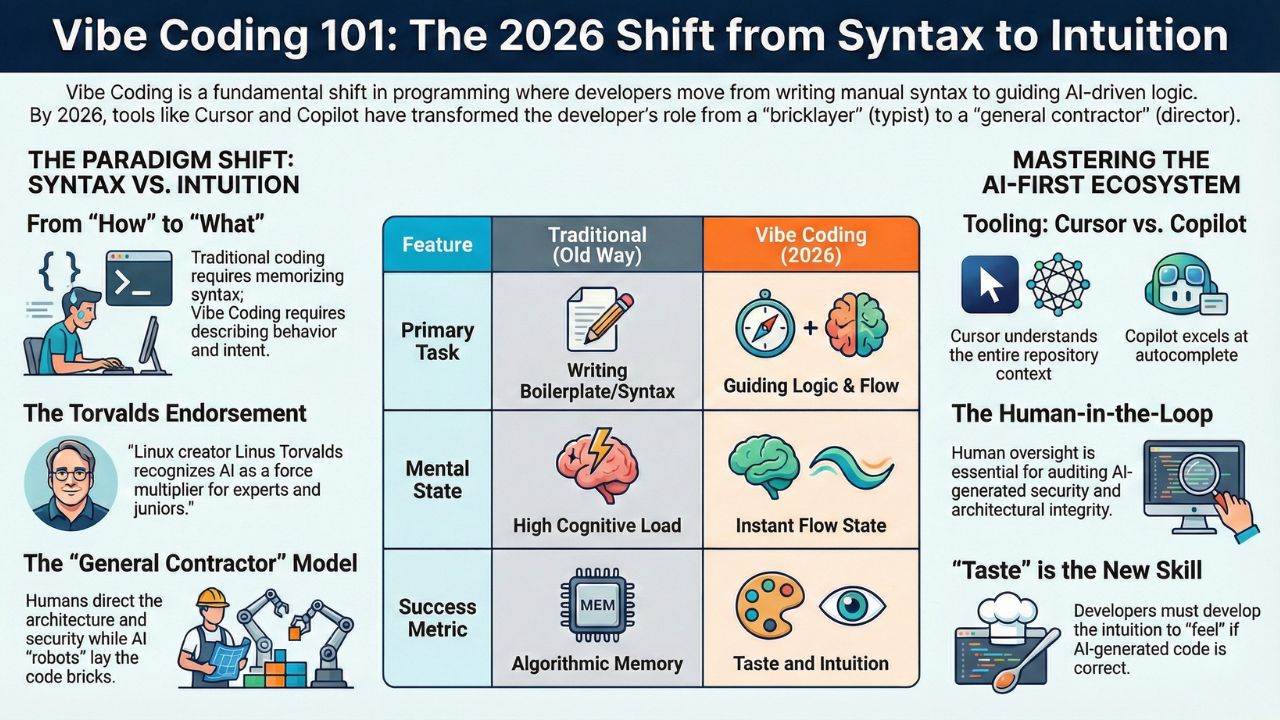 Infographic Vibe Coding 101: The 2026 Shift from Syntax to Intuition, comparing manual coding to AI-guided logic